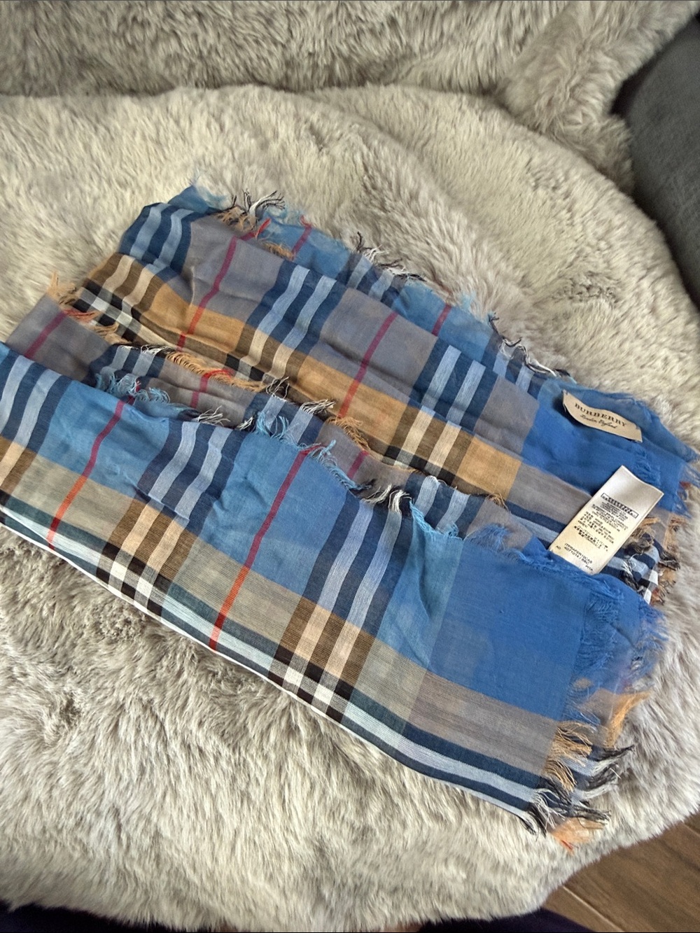 Burberry Blue Plaid Lightweight Check Scarf